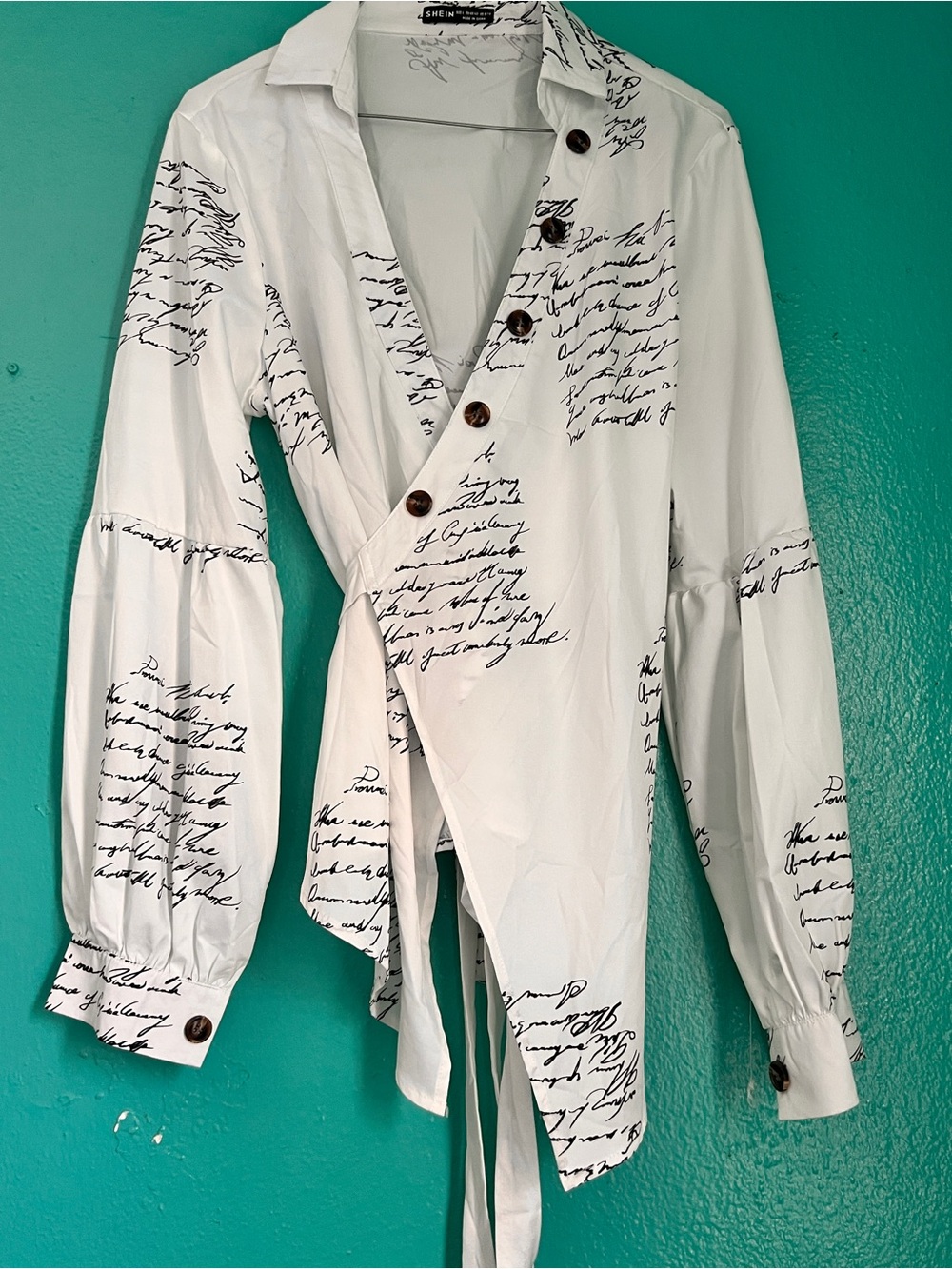 SHEIN White Script-Print Wrap Button-Down Blouse Size 8/10